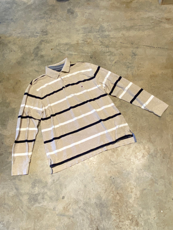 Tommy Hilfiger Polo Striped Tan Navy Blue Long Large Sleeve Shirt