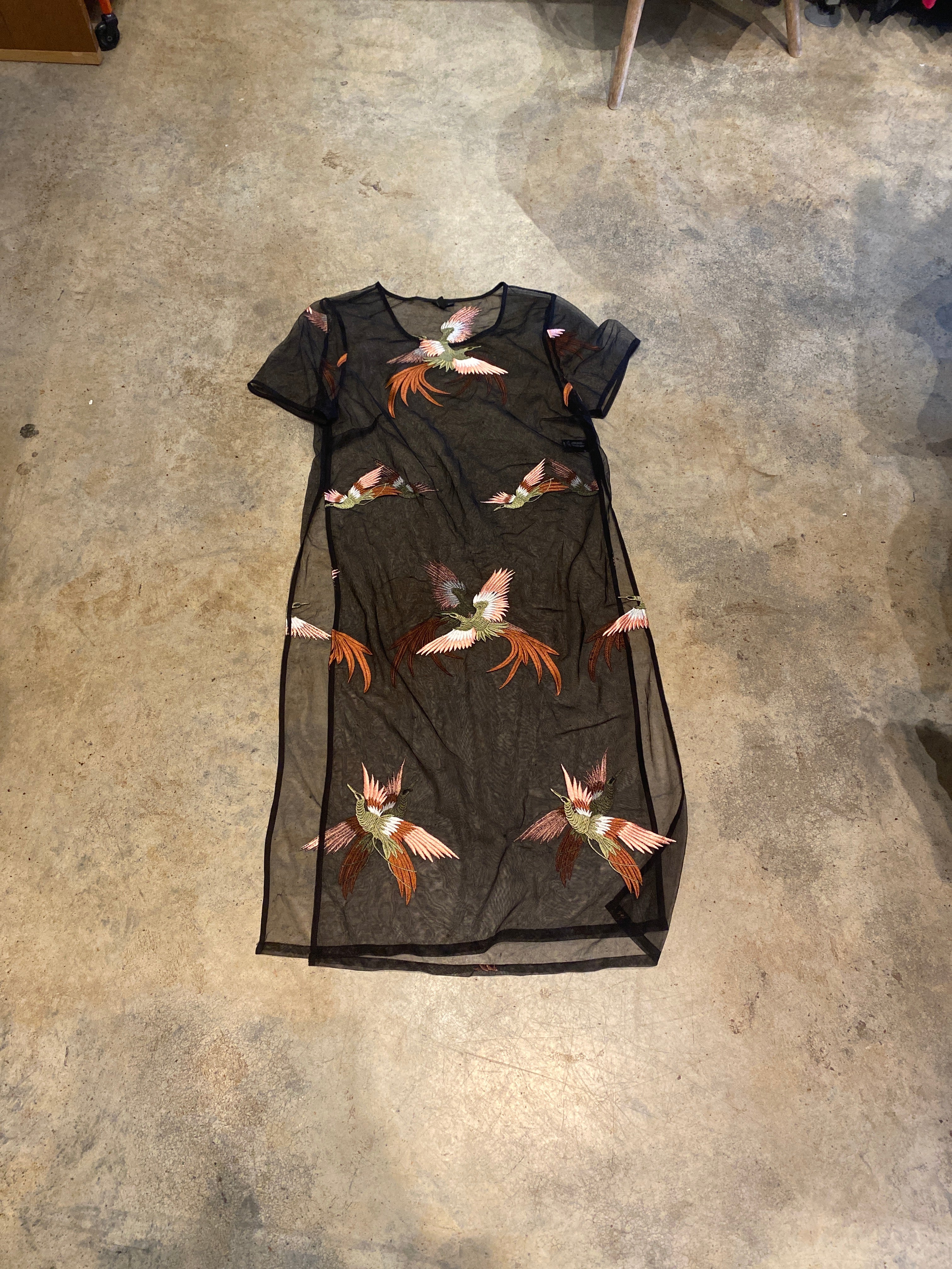 Sheer Embroidered Crane Birds Asian Mesh Transparent Cover Up Y2K Medium Dress