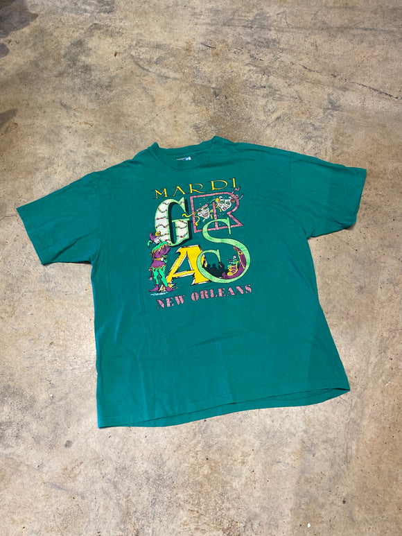 Hanes Beefy-T Mardi Gras New Orleans 1994 Green Single Stitch Shirt Made in USA XLarge Shirt