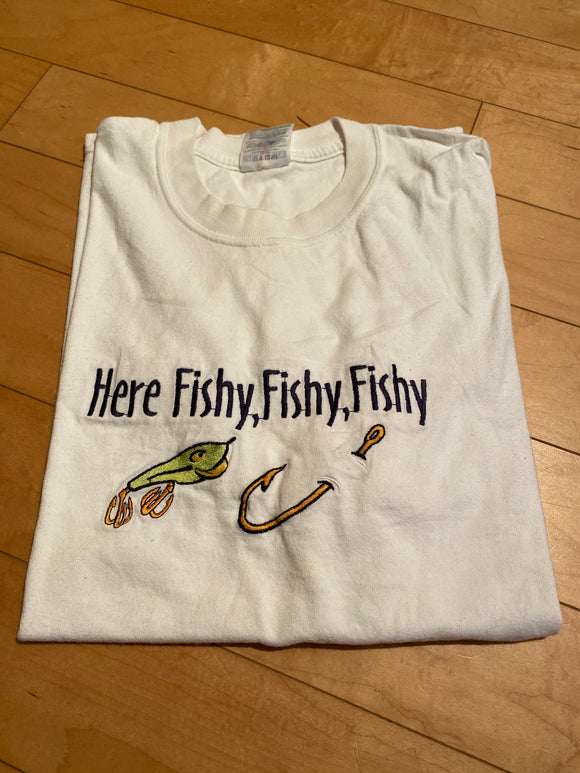 Jerzees Here Fishy Fishy White SS Shirt XLarge