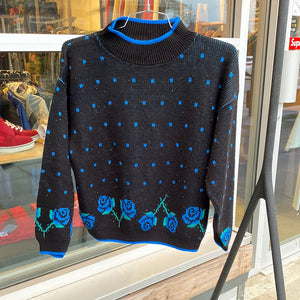 Black Blue Rose Knit Sweater Small