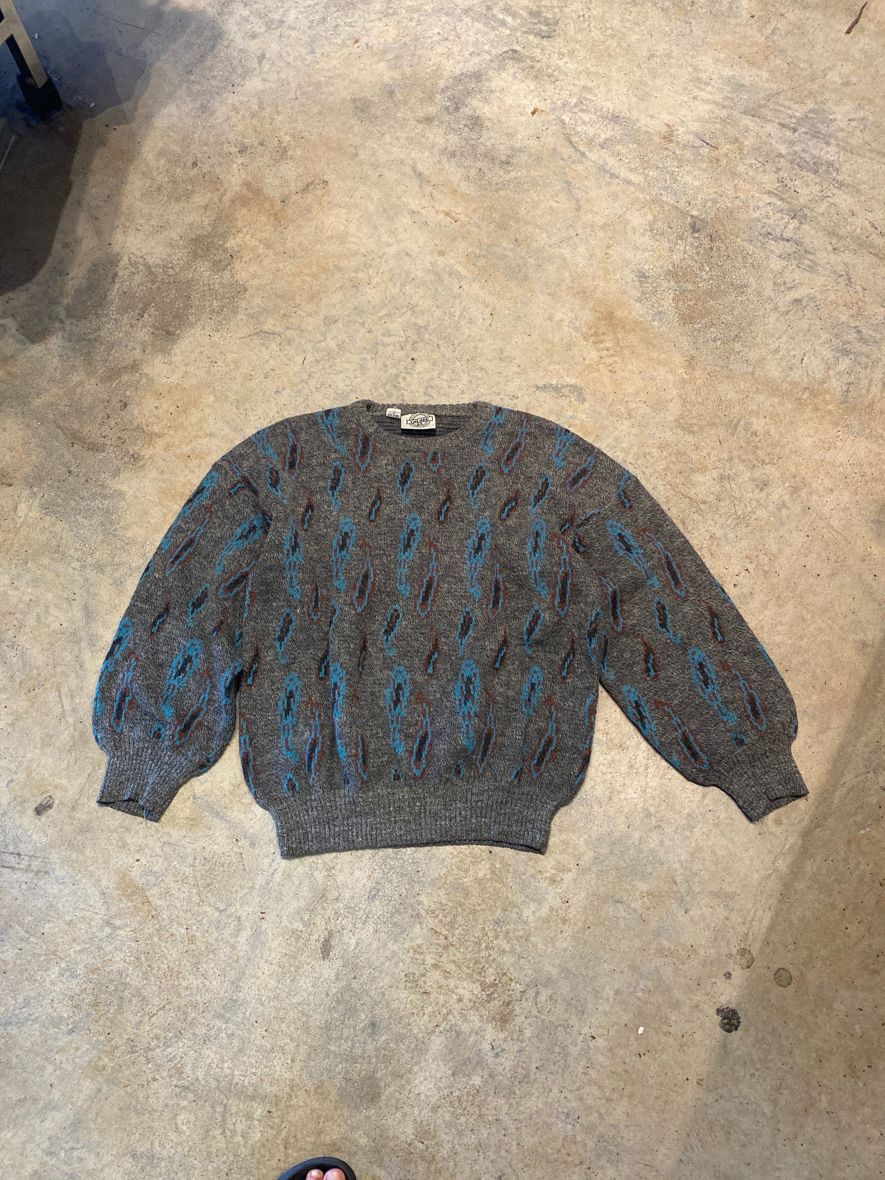 Colore 85 Crocodile Abstract Teal Made in Italy Large Vintage Wool Blend Sweater
