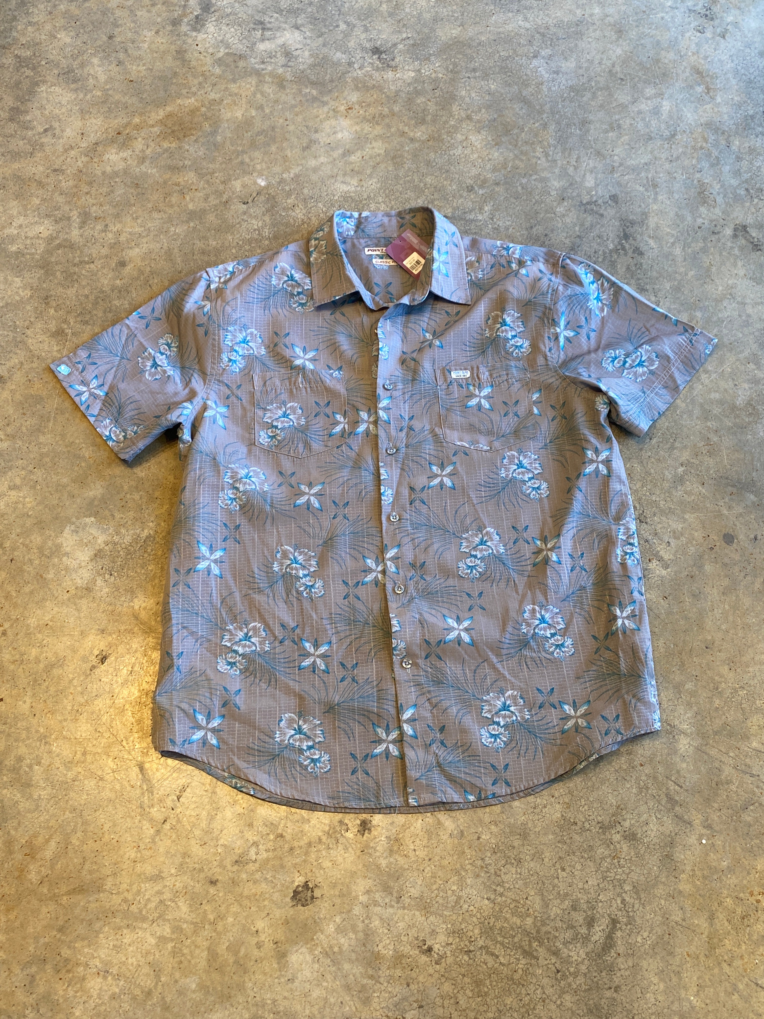 Point Zero Large Grey Hawaiian Button Up SS Shirt - side rips
