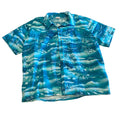 Blue patterned fabric on a brown surface