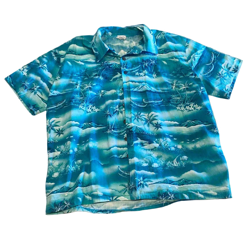Blue patterned fabric on a brown surface