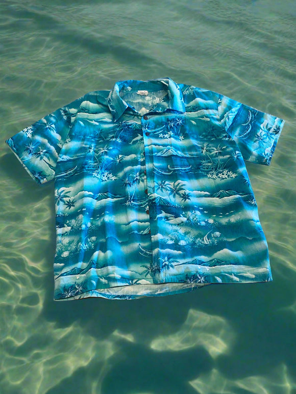 Blue patterned fabric on a brown surface