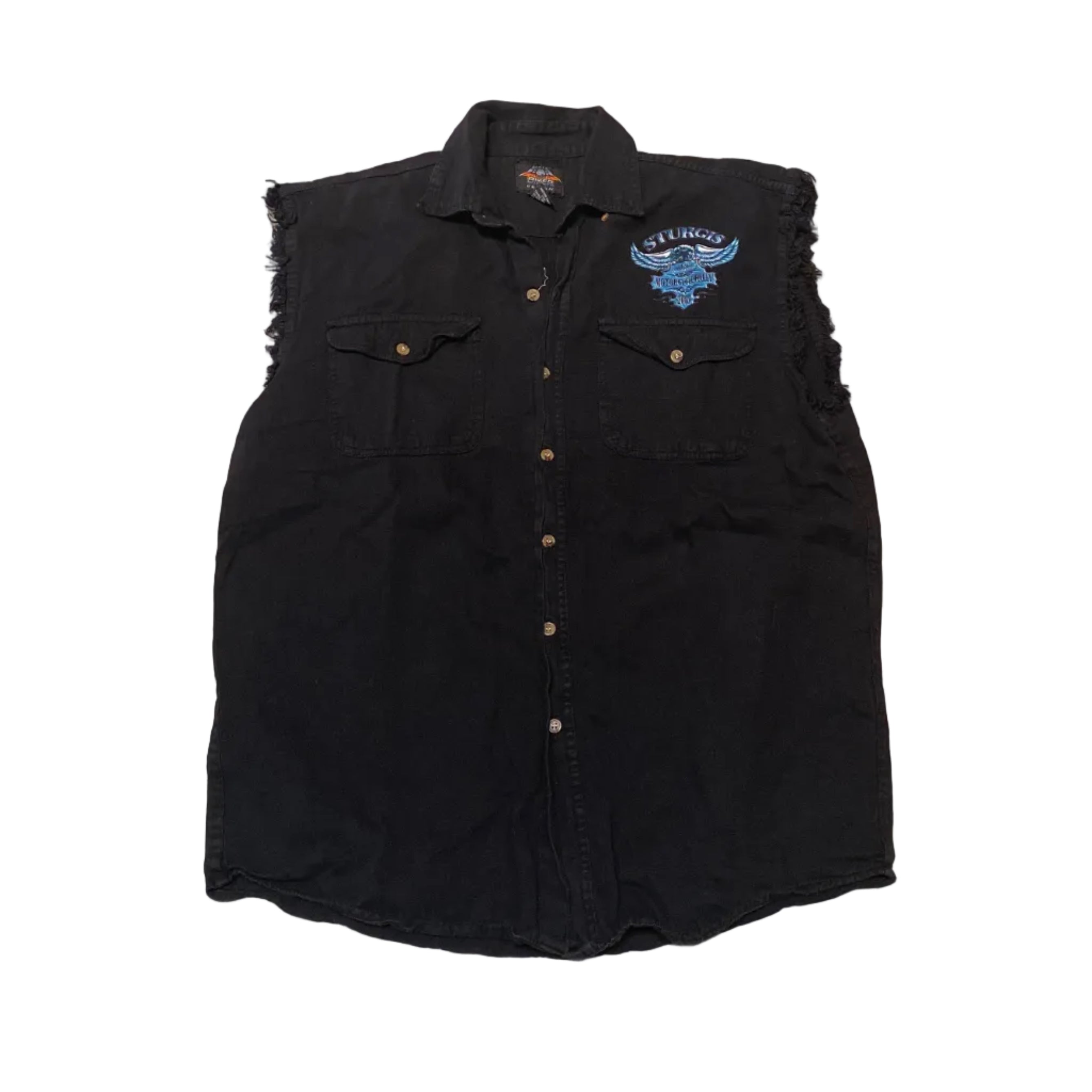 Biker Design Sturgis Motorcycle Rally Viker Cut Off Button Up Moto Black Americana XLarge Vest