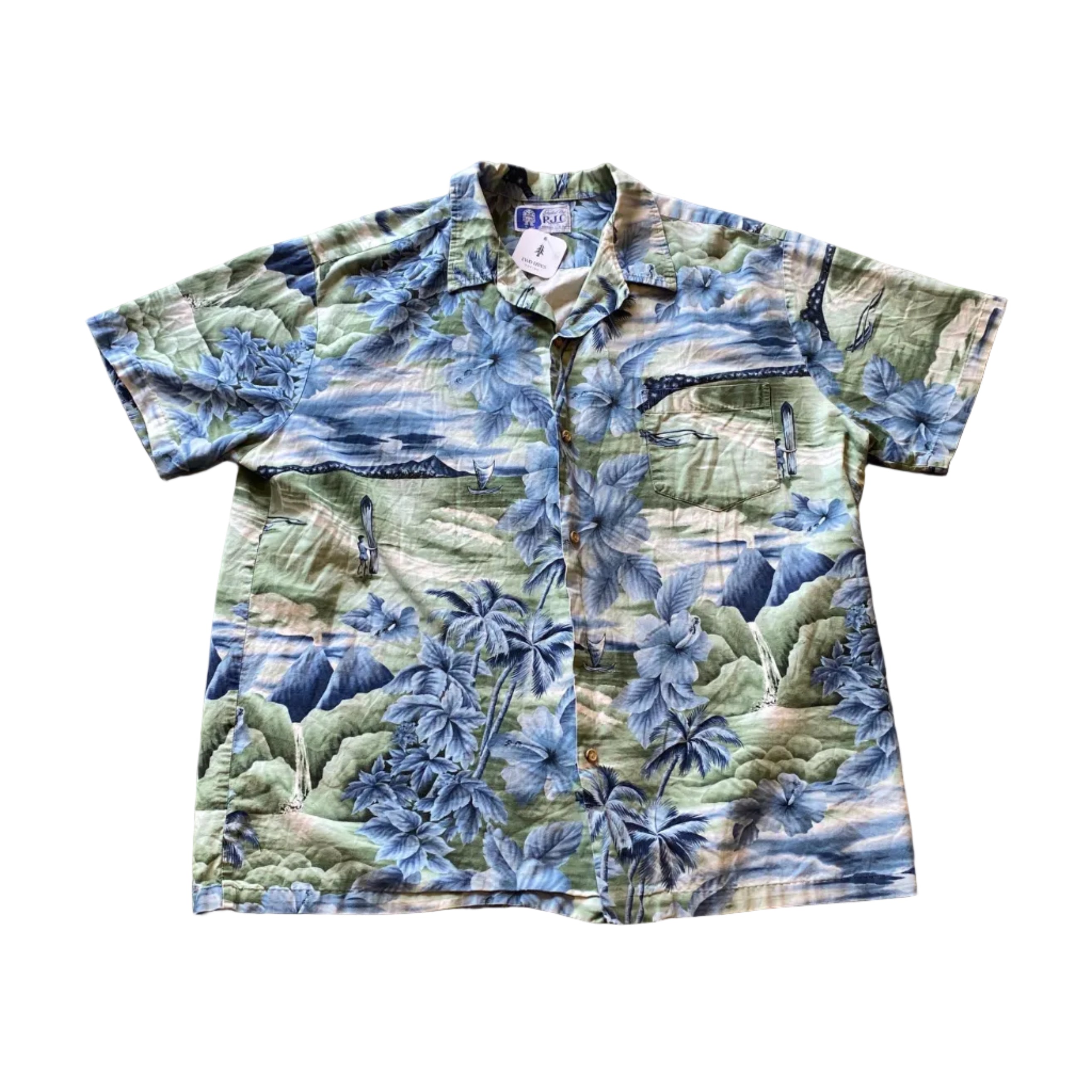 RJC Vintage Hawaiian Button Up Blue Green Shirt XXLarge