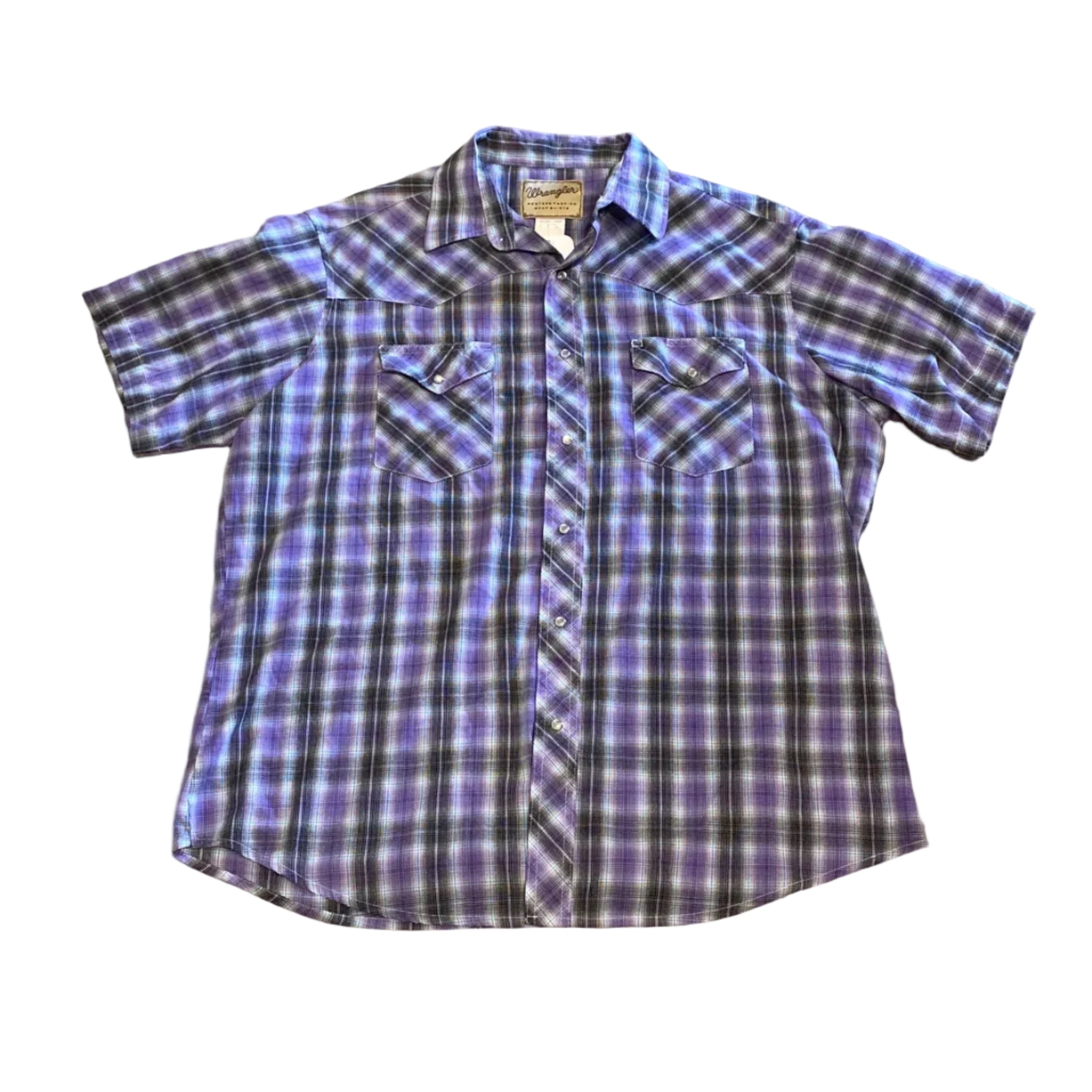Wrangler Western Purple Black Plaid Snap Short Sleeve Button Up Shirt XLarge Vintage