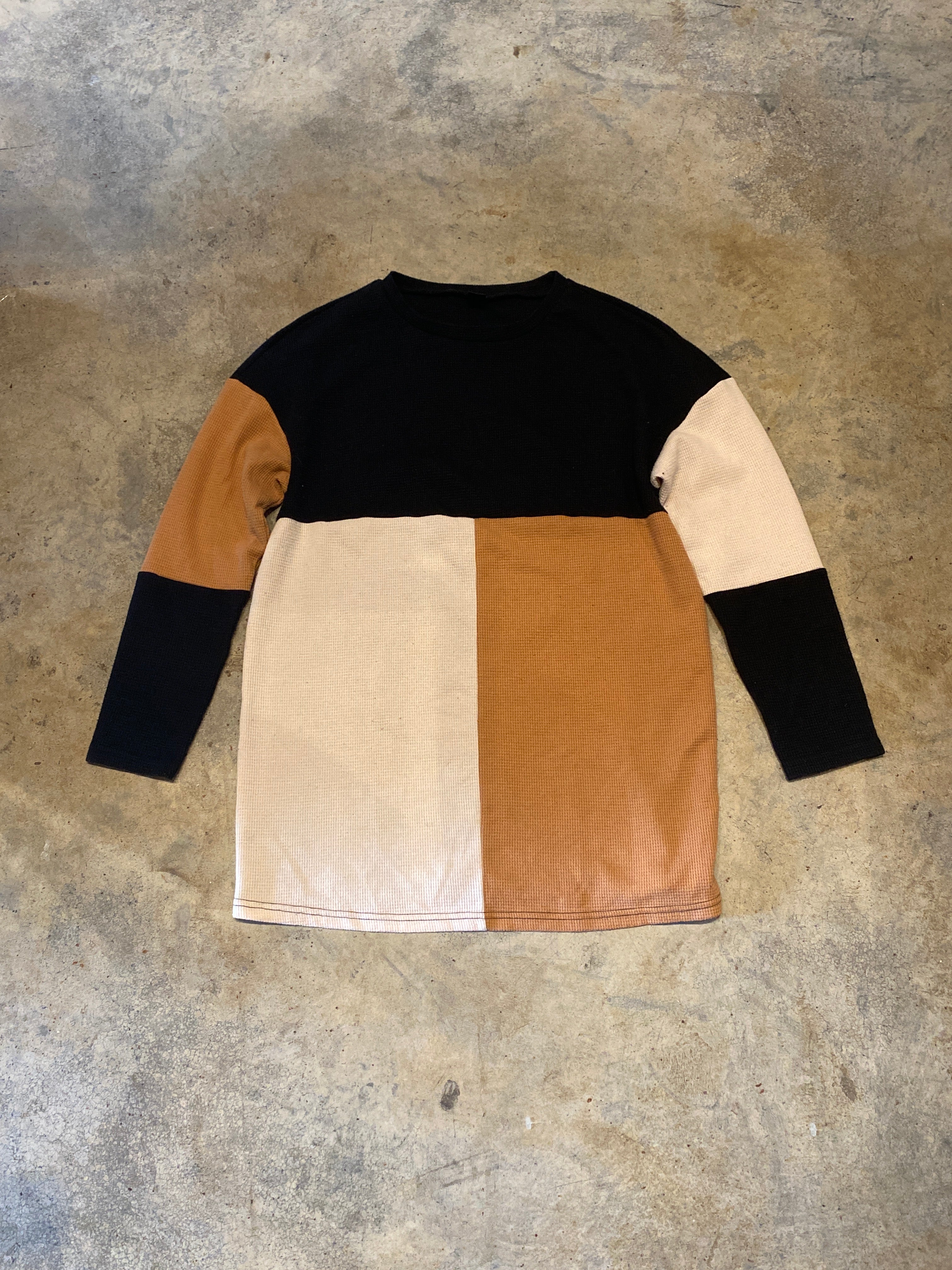 SHEIN XSmall Waffle Black Cream Taupe LS Shirt