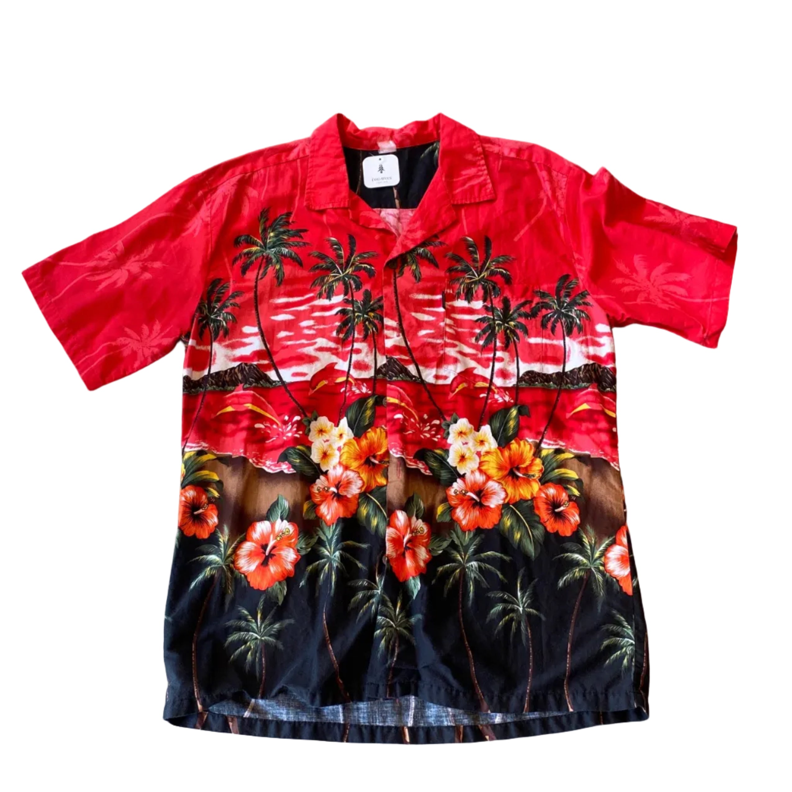 Unbranded Vintage Hawaiian Red Island Scene with Dolphin Button Up Shirt