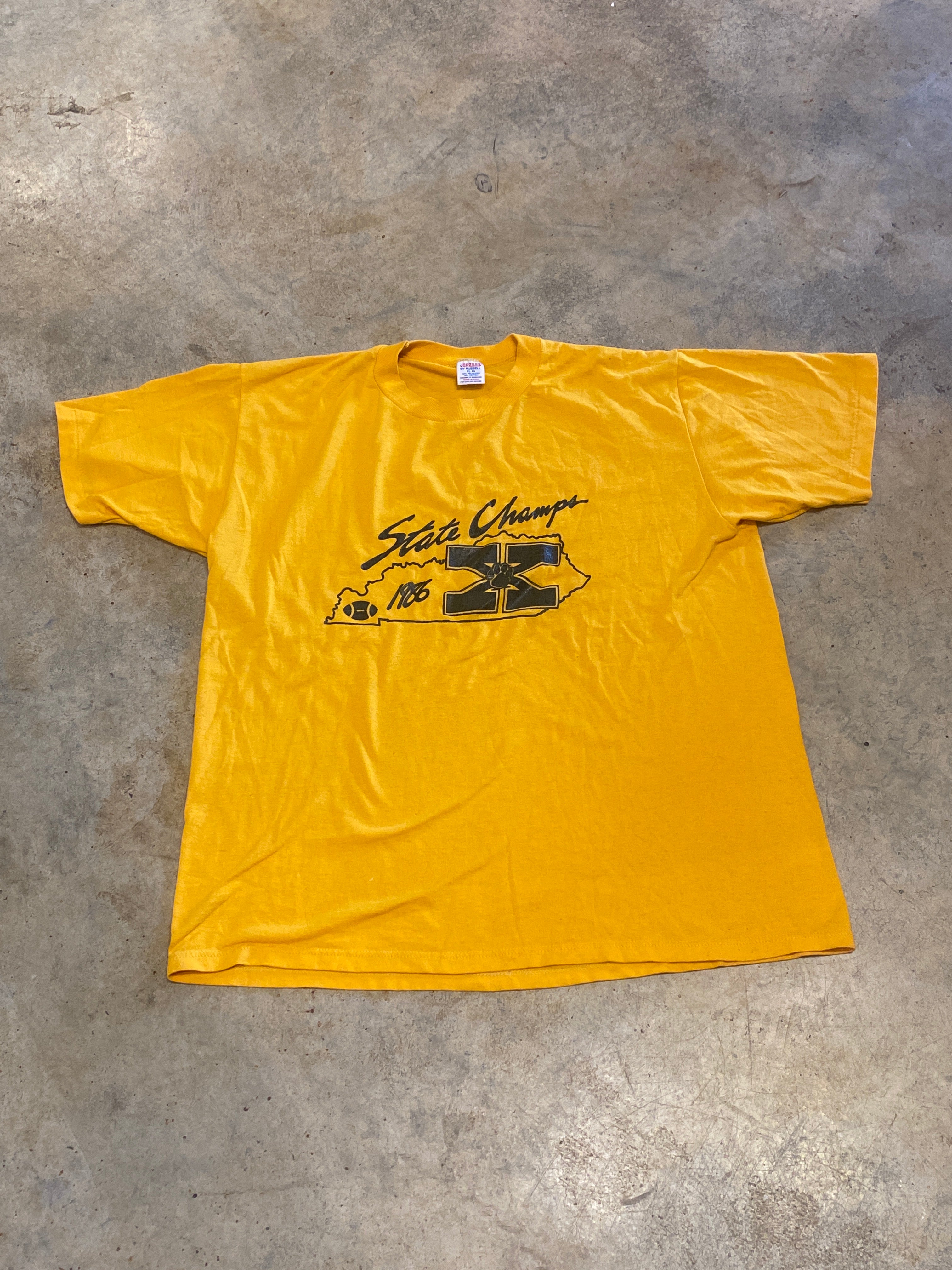 Jerzees by Russell Made in USA State Champs 1986 Yellow SS Vintage Shirt Vintage Single Stitch