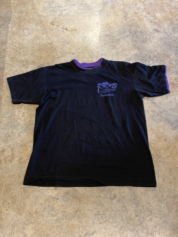 Oneita Saskatoon Black Purple Accent SS Vintage Shirt Made in the USA XLarge