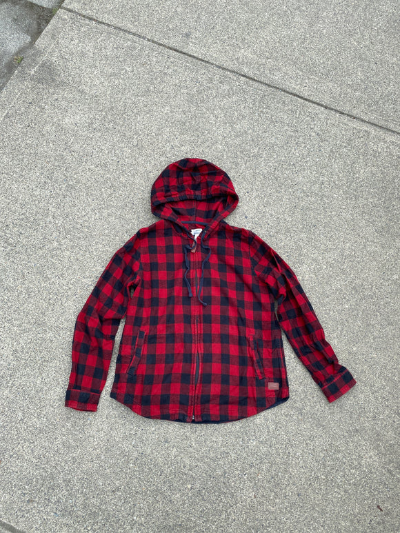 L.L. Bean Relaxed Fit Small Red Plaid Cotton Flannel Zip Hoodie