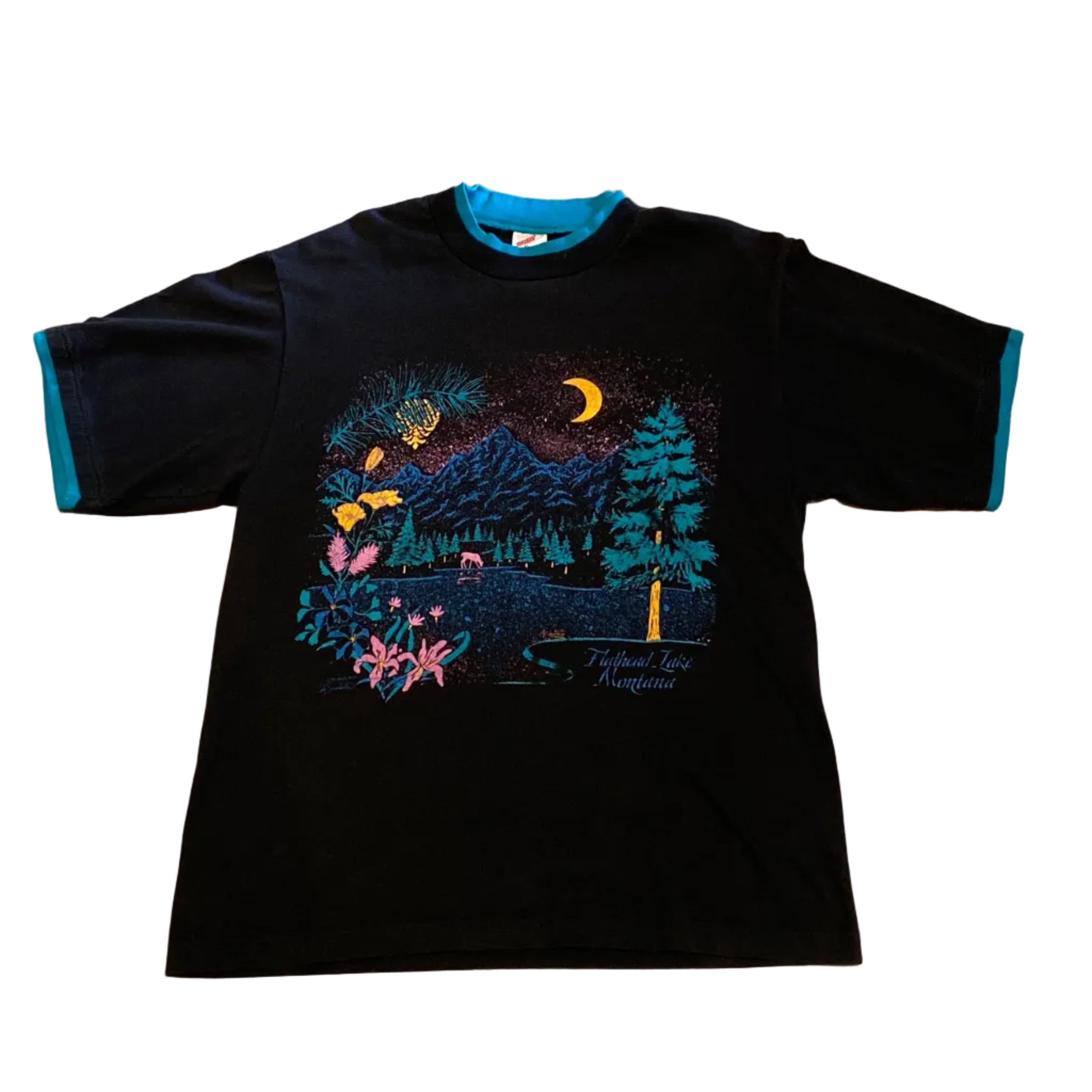 Jerzees Flathead Lake Montana Black Teal SS Shirt Vintage Large