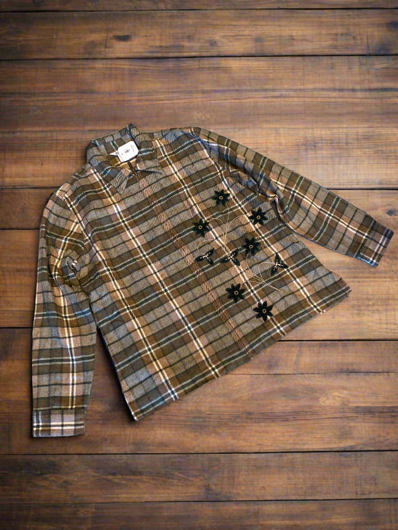 Northern Reflections Brown Plaid Embroidered Fleece Button Up Large