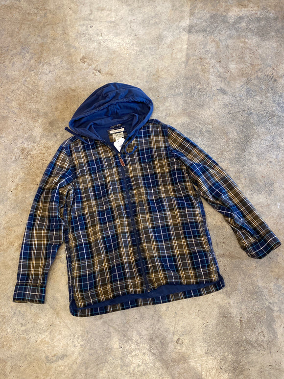 L.L. Bean Hooded Lined Flannel   LS Medium  Blue Plaid Sweater