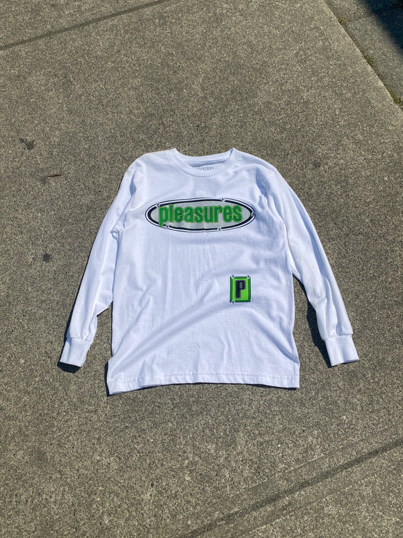 Pleasures Green Oval Logo Long Sleeve White Shirt Small