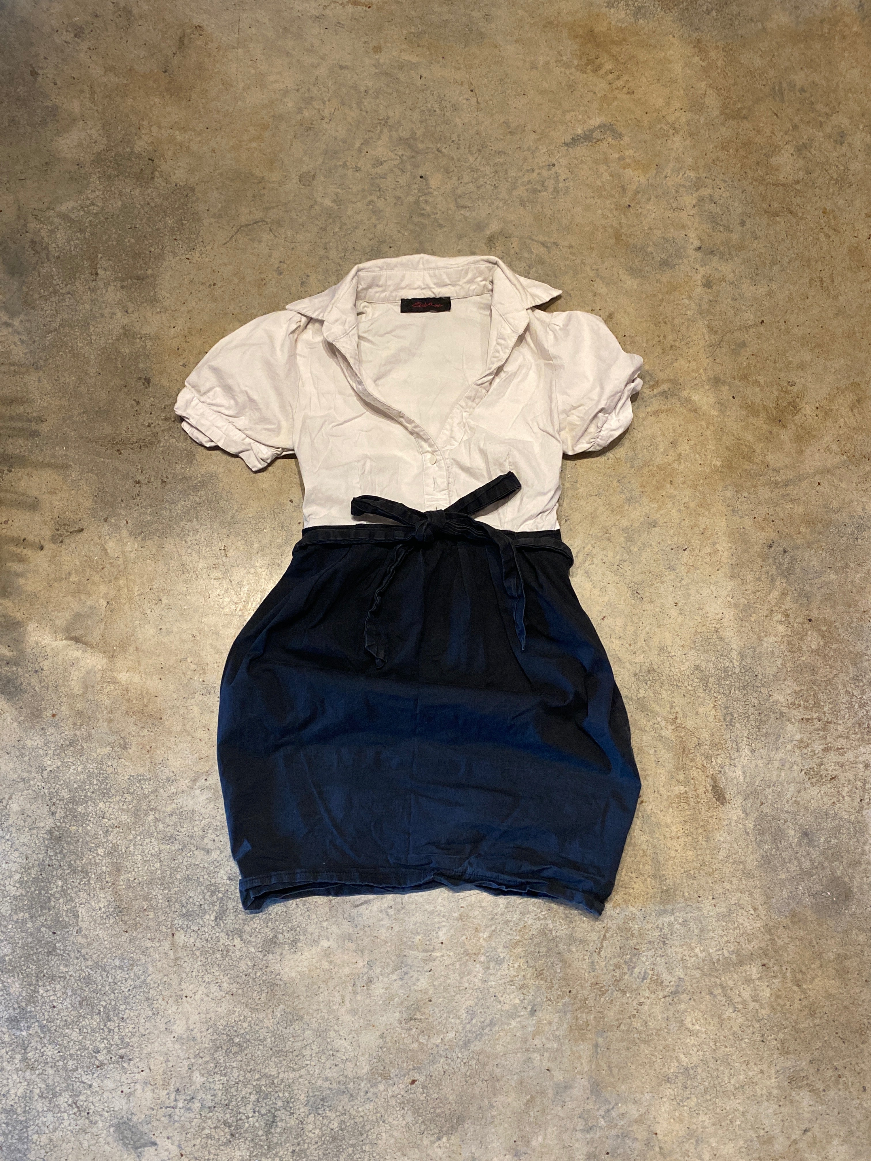 Seduction Y2K Cotton Shirt Dress Navy White Puff Sleeve Tie Waist Women's Small