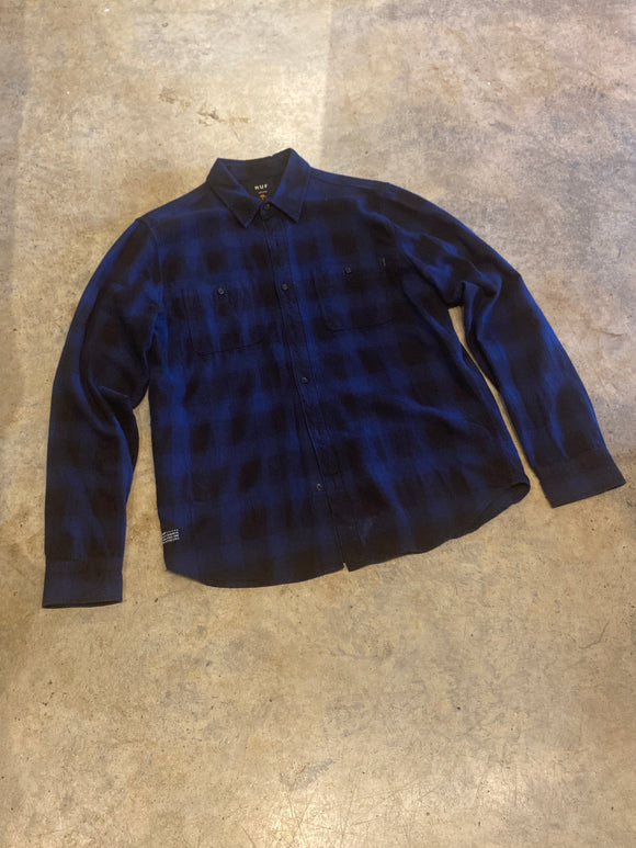 Huf Button up LS Flannel Blue Black Shirt Large RV076