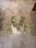 Wevez Flare Sleeve Blouse Green Paisley Tie Crop Boho Earth Fairy Y2K Pure Silk Large Shirt