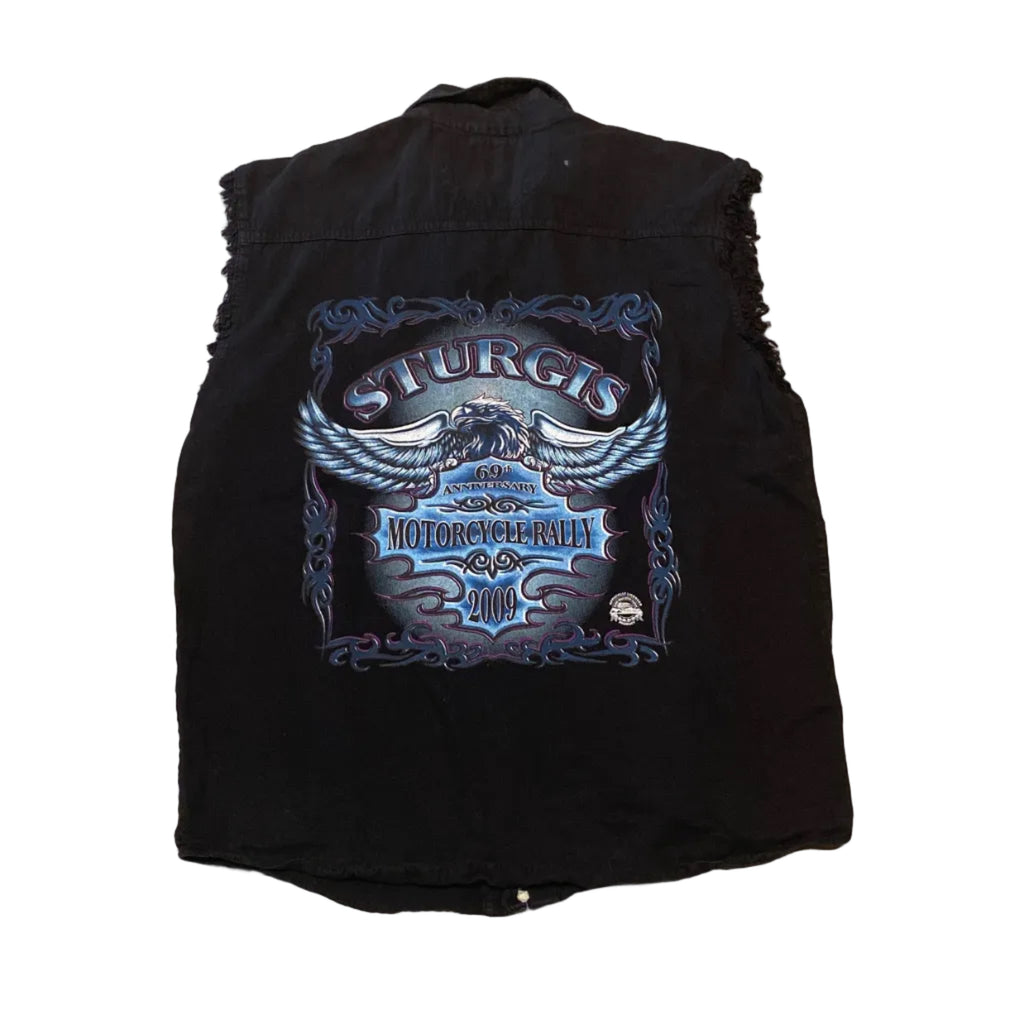 Biker Design Sturgis Motorcycle Rally Viker Cut Off Button Up Moto Black Americana XLarge Vest
