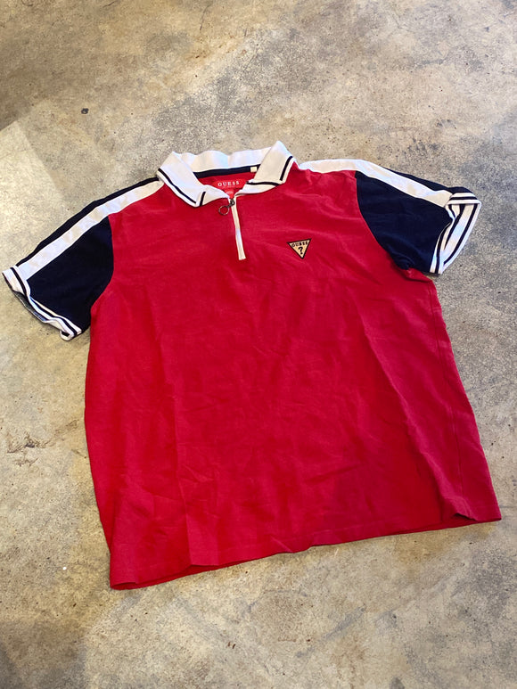 Guess Collar Red Shirt with Quarter Zip Large
