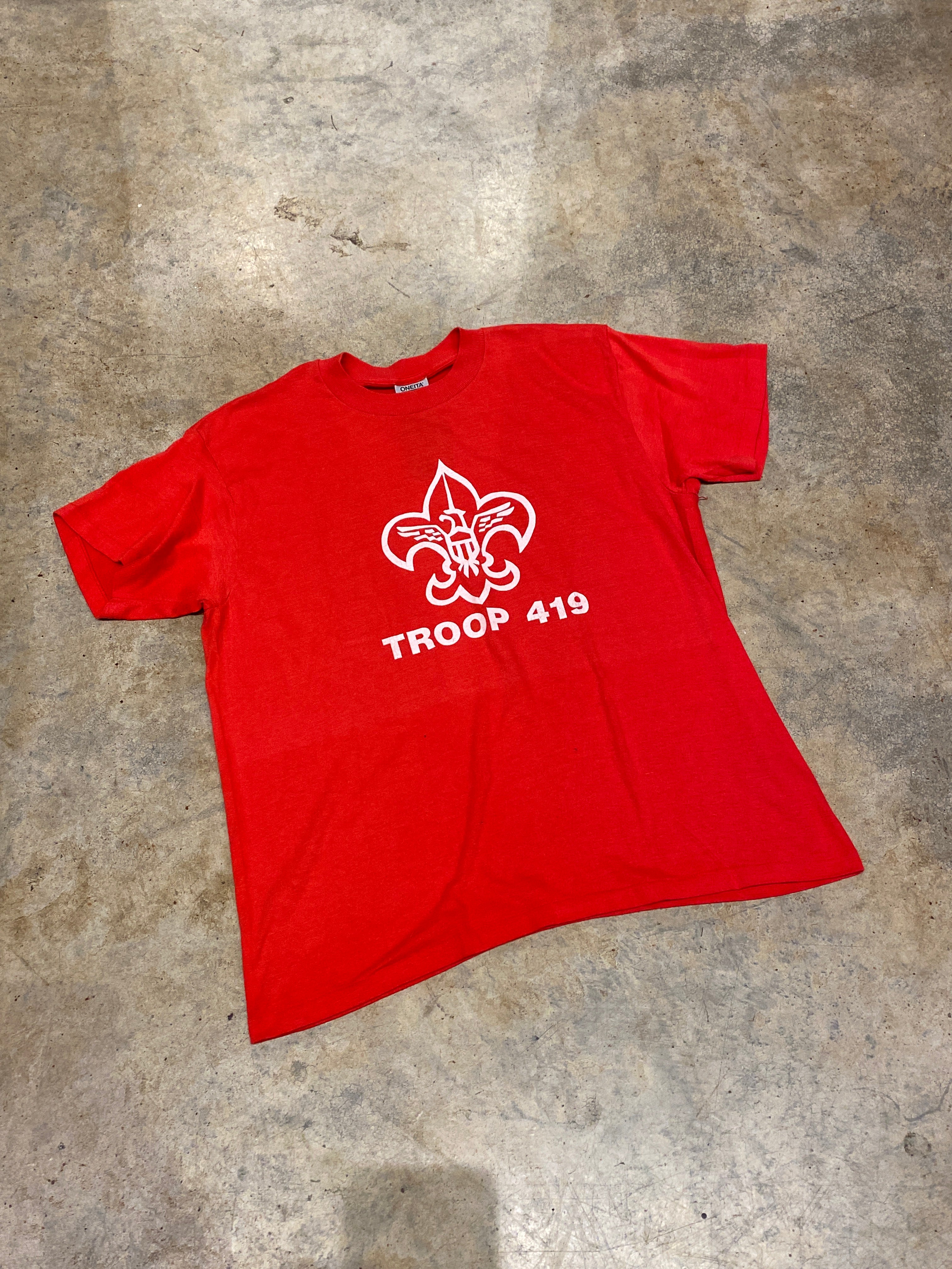 Oneita Troop 419 Fleur De Lys Military  SS Xlarge USA Red Single Stitch Vintage Shirt