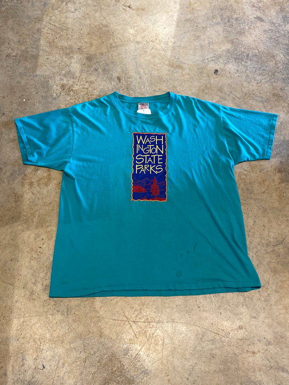 Oneita Power-T Washington State Park Teal Blue Vintage Shirt